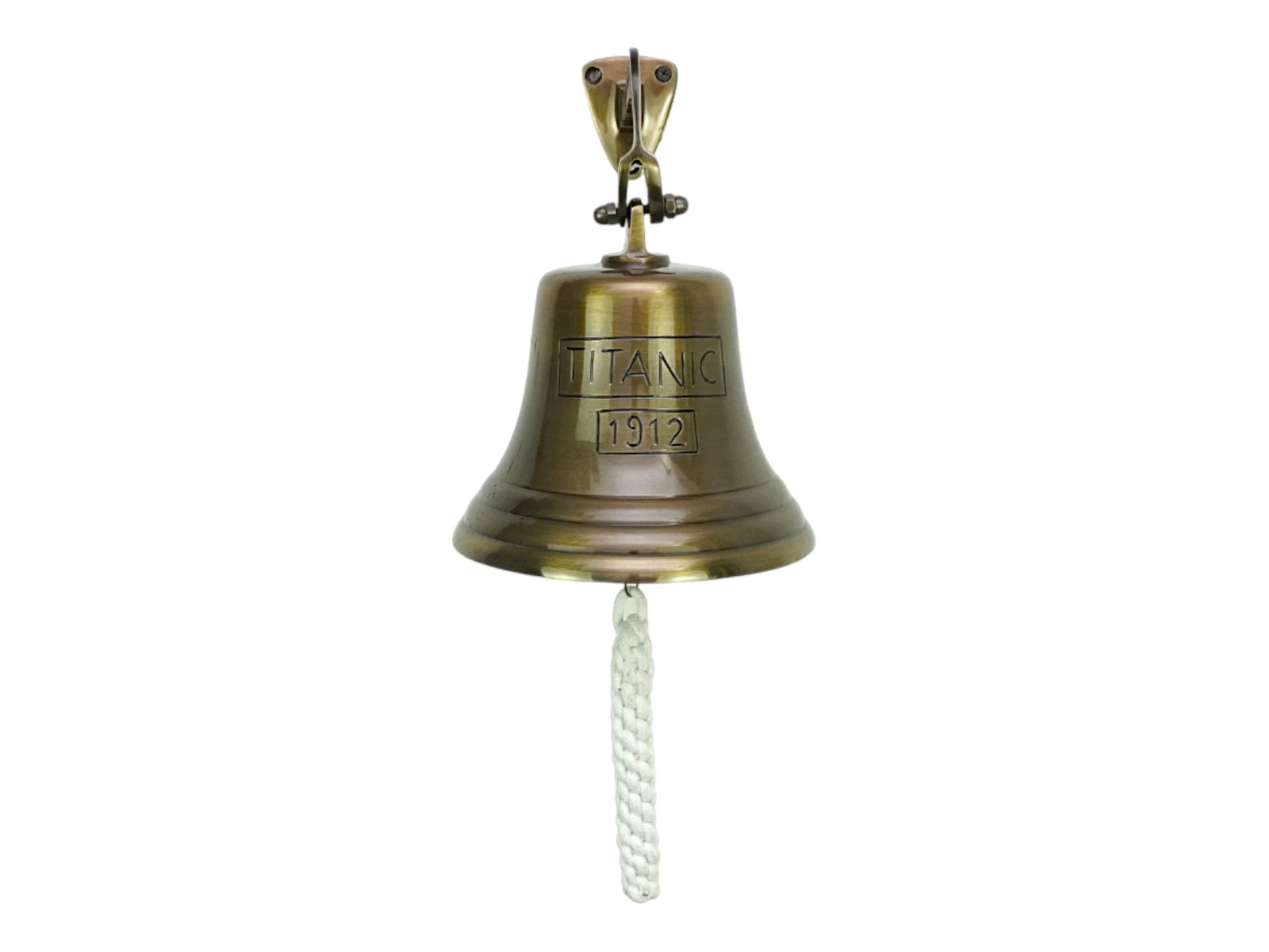 Freisteller-Frontansicht antike Thekenglocke Max D18×H26×T22 cm aus Messing mit Titanic 1912-Prägung, Dekoglocke für Theke