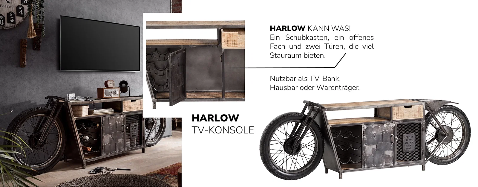 Harlow Schreibtisch-Collage – moderner Holzschreibtisch in mehreren Ansichten mit Stauraum und schlankem Gestell fürs Homeoffice