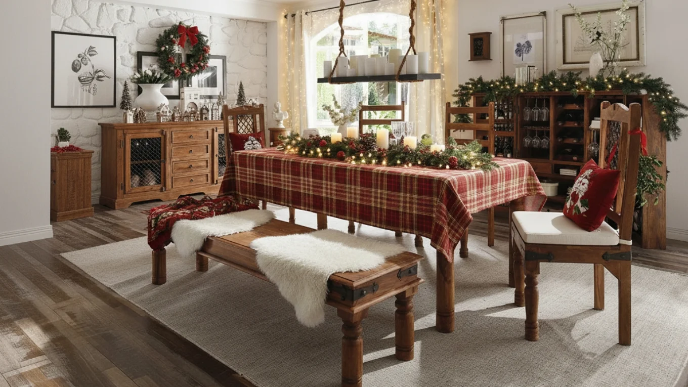 Merlow Weihnachtsdeko: Holztisch mit Tannenzweigen, Kerzen, Lichterkette und Geschenkboxen in warmen Naturtönen