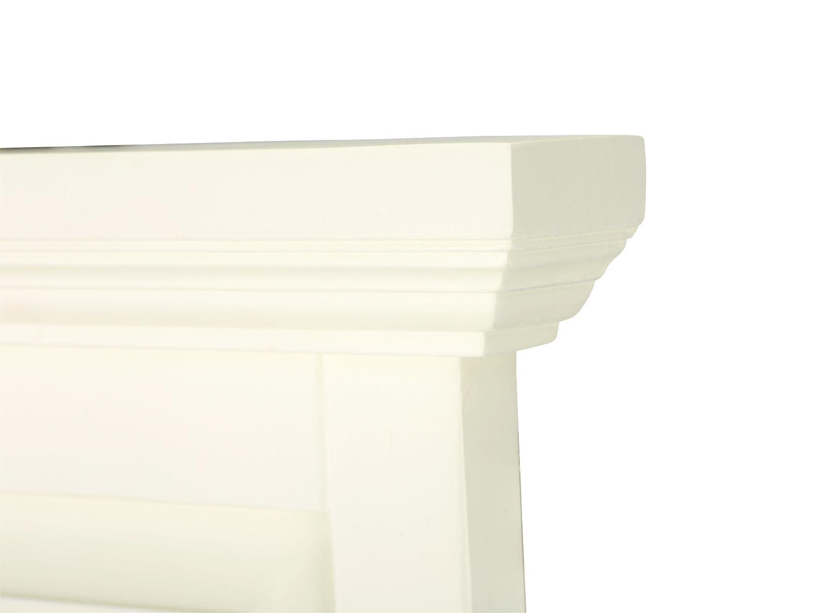 Garderobenpaneel Catana Weiß Freisteller 45°-Ansicht, Detail obere Kante, lackiertes Pinie/MDF, 38×135×6 cm