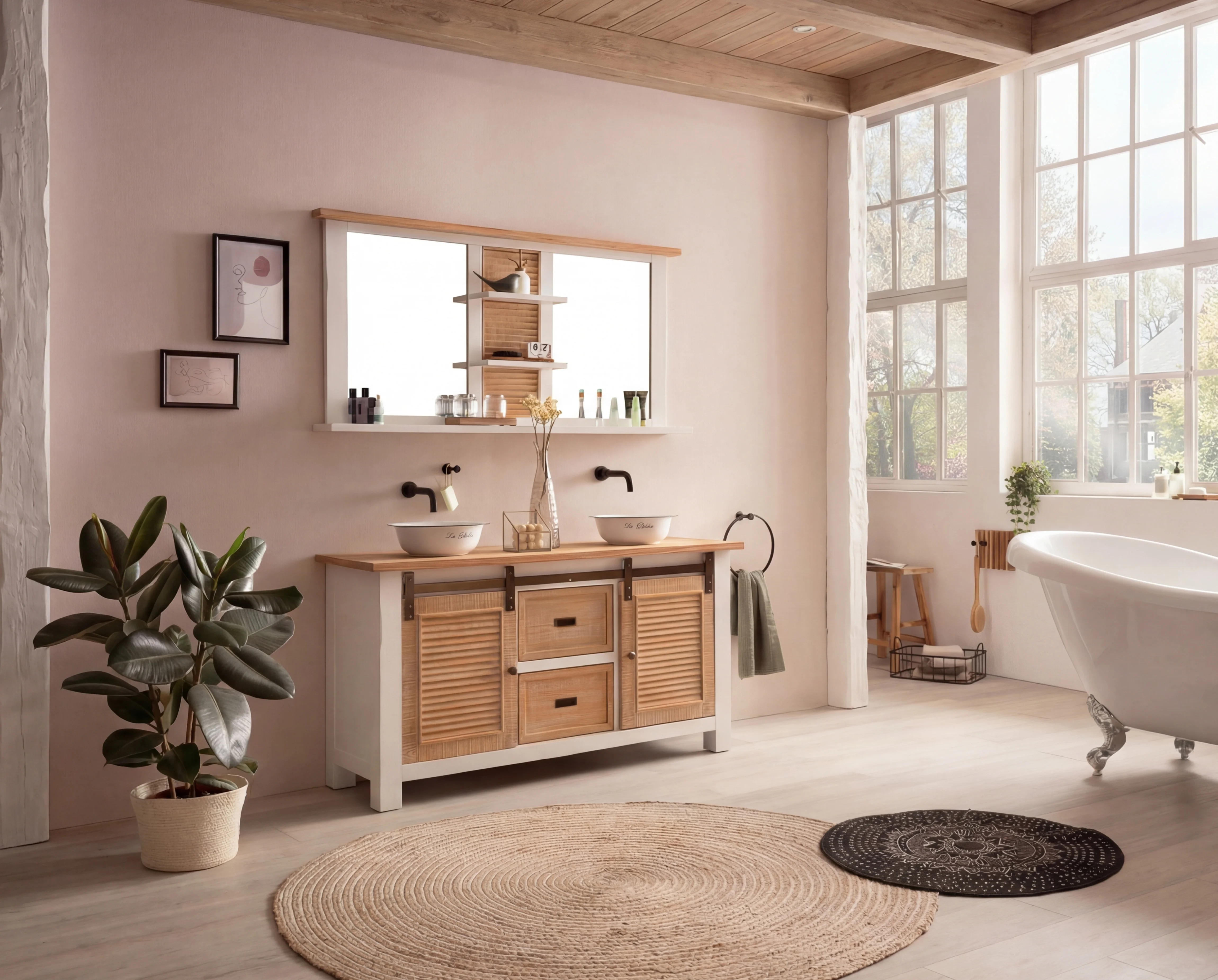 2-teiliges Badset Capera aus Massivholz in Weiß mit Waschtisch und Wandspiegel im Landhausstil für ein ruhiges, natürliches Badezimmer