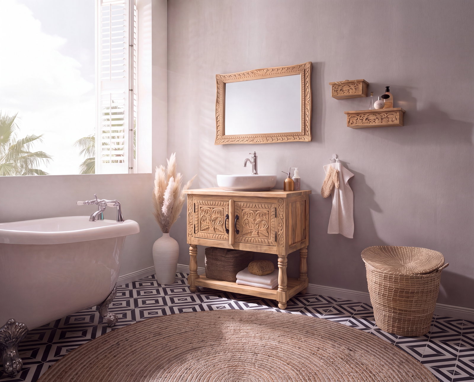 Badezimmer im Boho-Look mit Holzmöbel, rundem Naturfaserteppich, Flechtkorb und handwerklichen Details