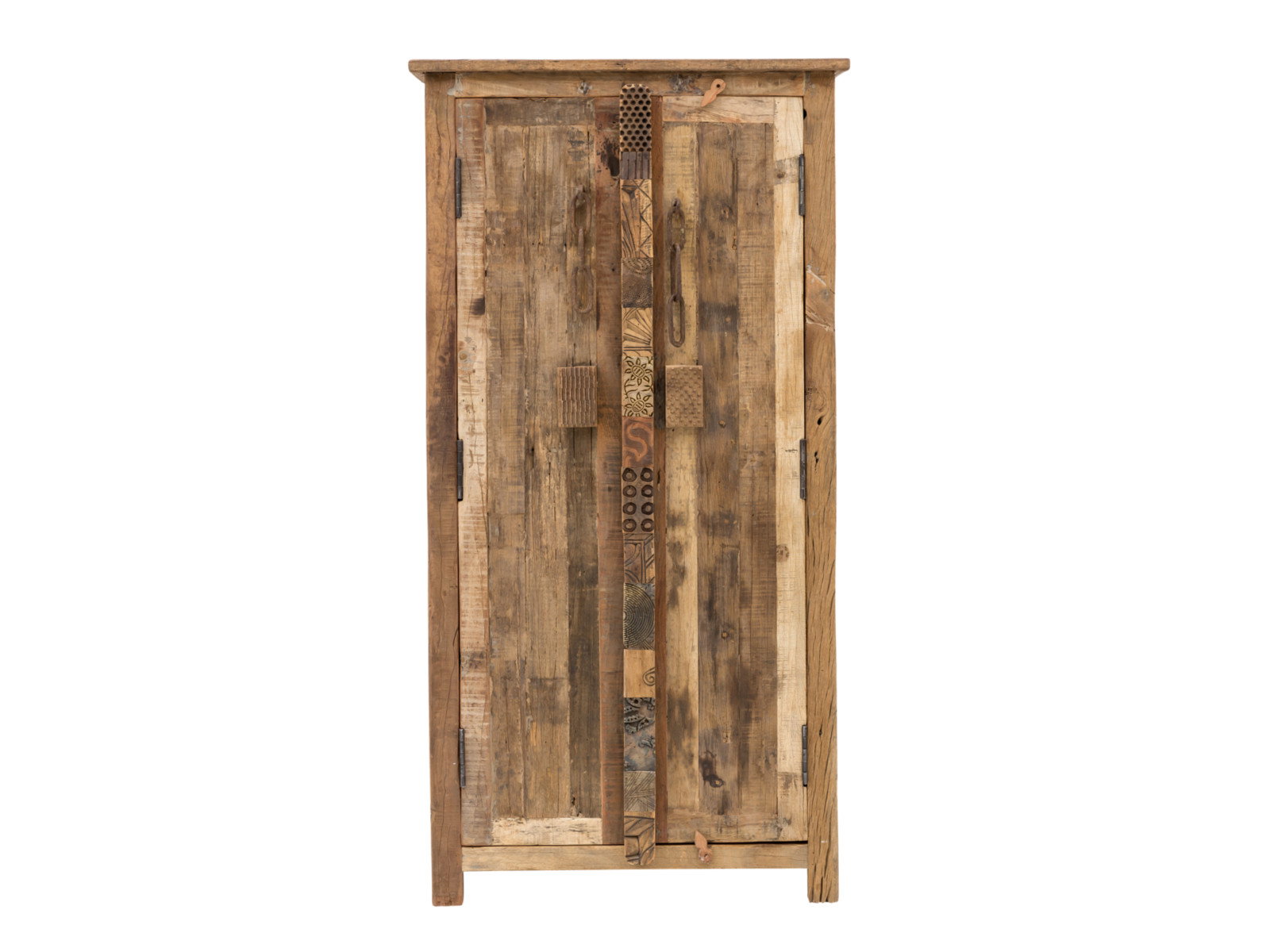 Kleiderschrank Kavali – Frontansicht Freisteller aus recyceltem Altholz (90×45×185 cm), 2 Türen, unbehandelte Oberfläche, braun.