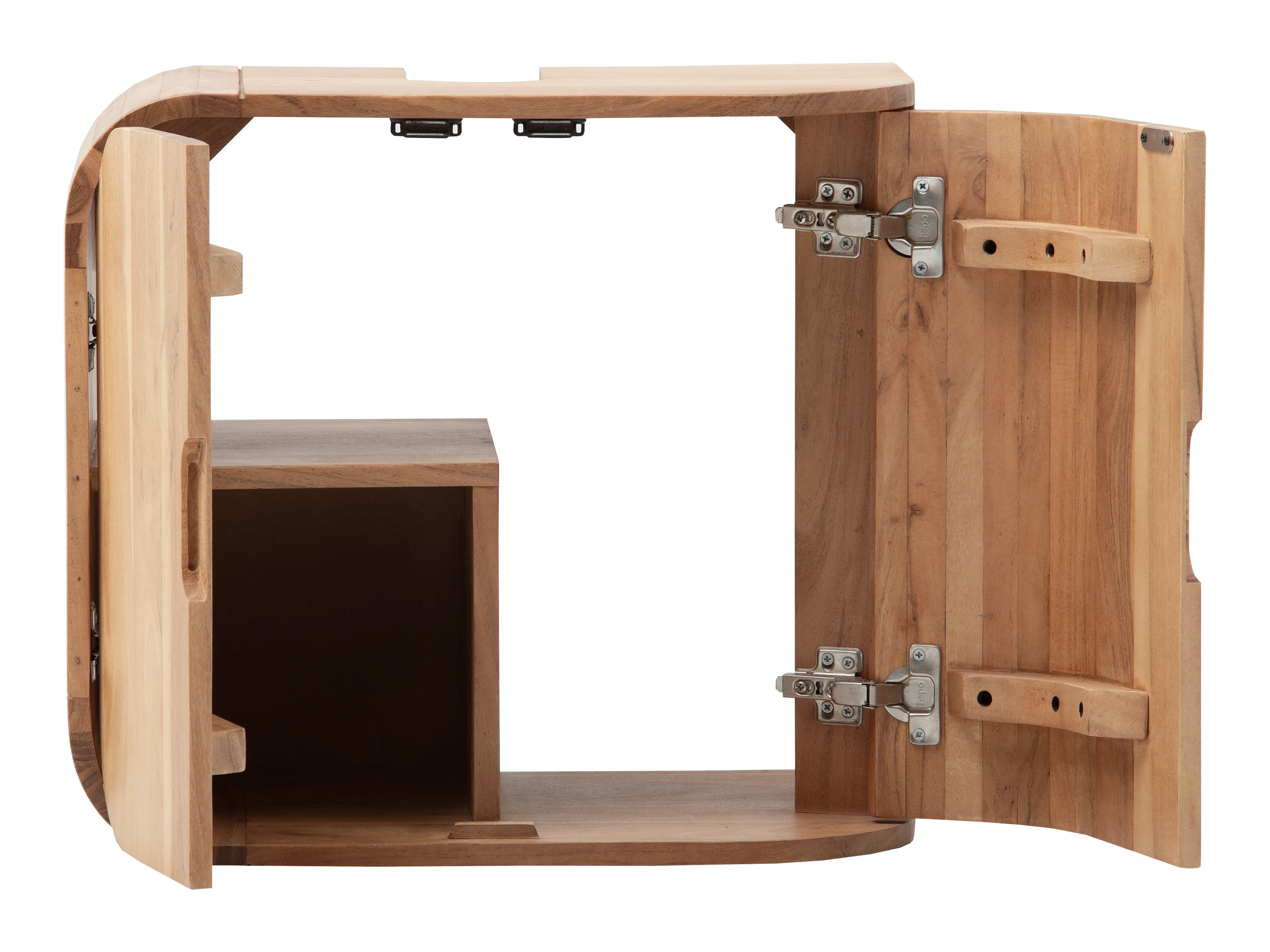 Freisteller: Badmöbel-Set Tenaga Akazie in eichefarben, Frontansicht geöffnet, lackiertes Akazienholz mit Softclose-Türen