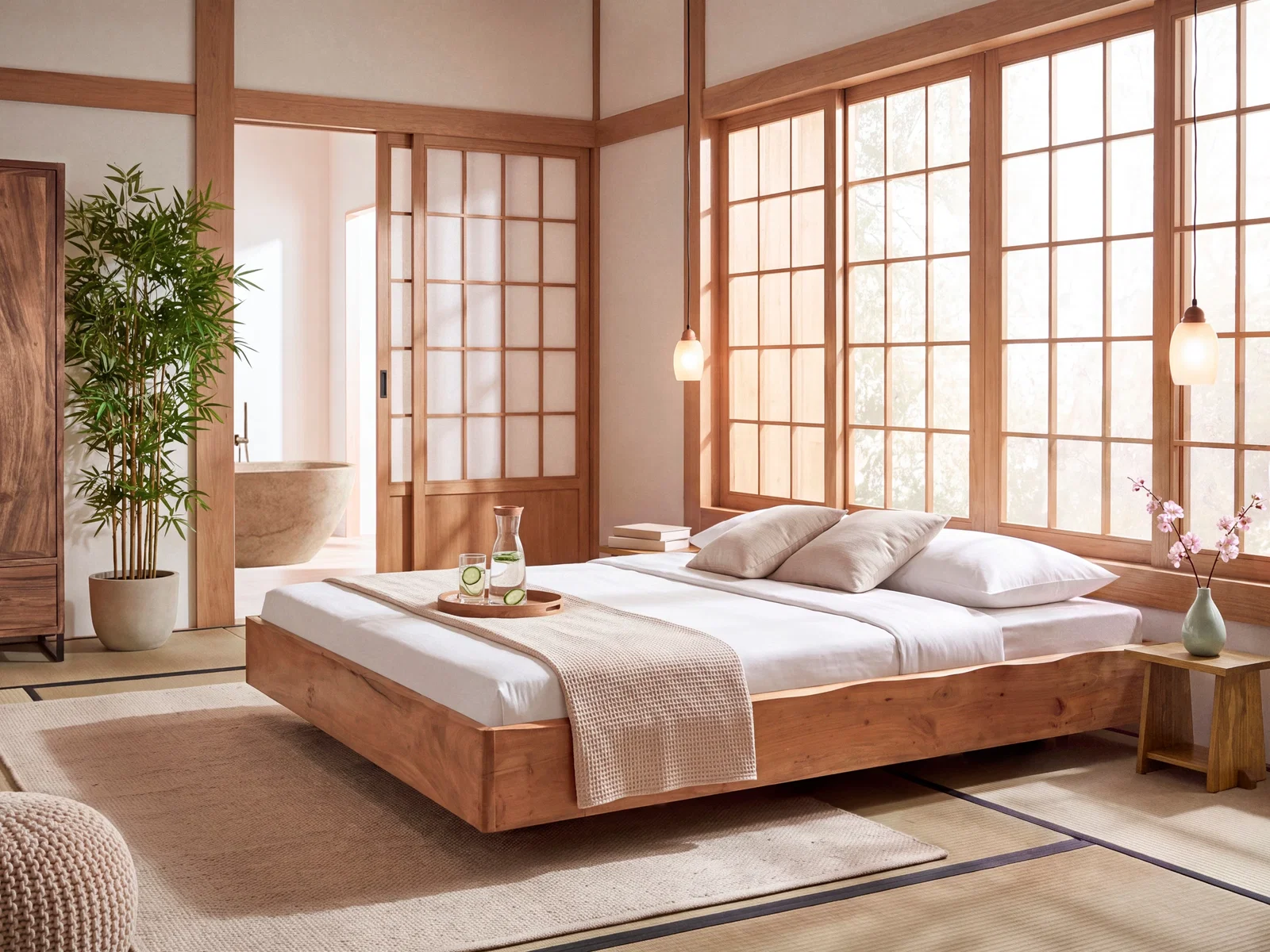 Bett Saipan 180x200 aus Akazienholz, braun, als Wohnbeispiel in 45-Grad-Ansicht mit Japandi-Design und heller, minimalistischer Einrichtung