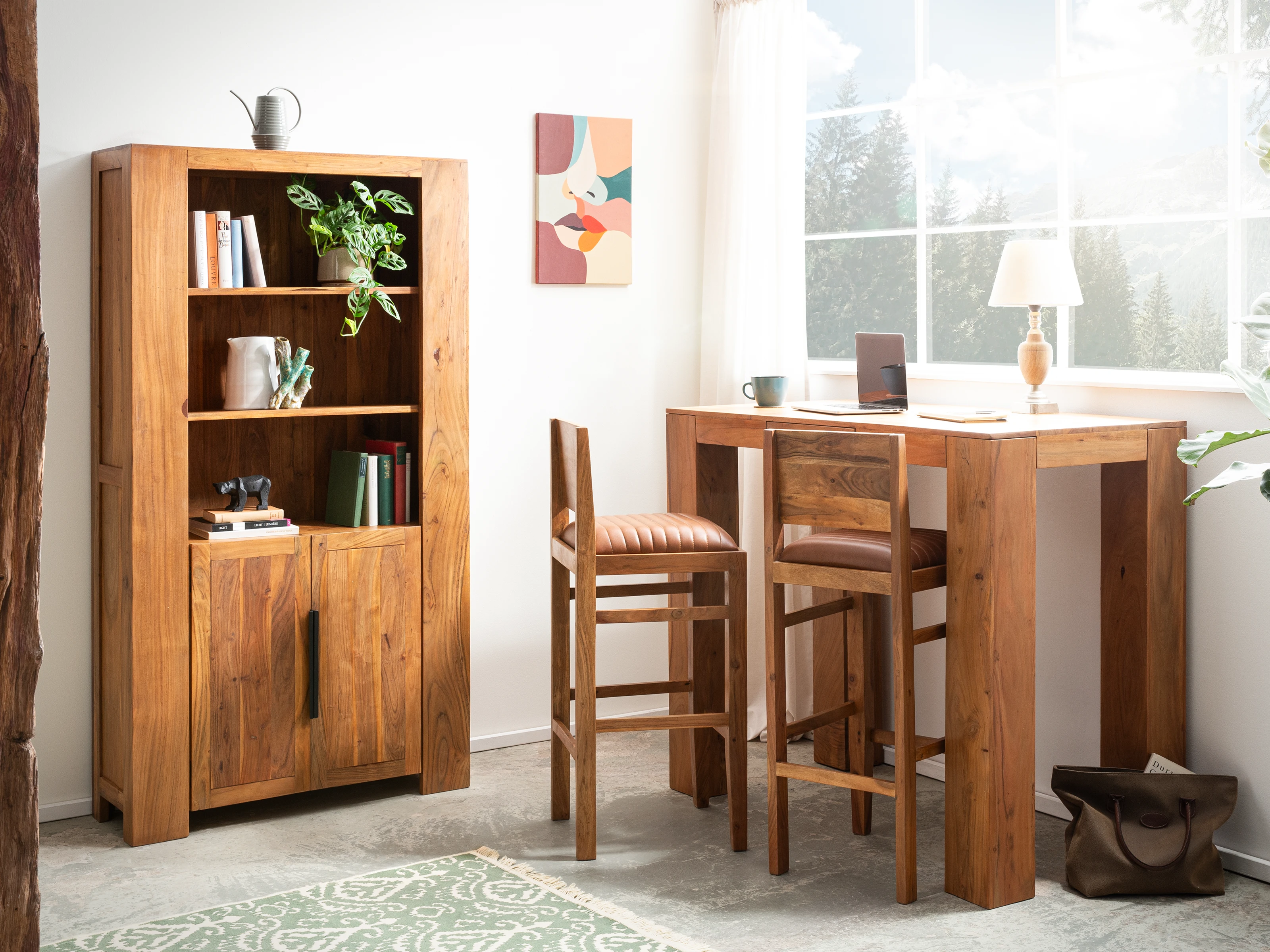 Osbon Bar in Wohnambiente: moderner Bartresen aus warmer Holzmaserung mit schwarzem Metallgestell, stilvoller Deko