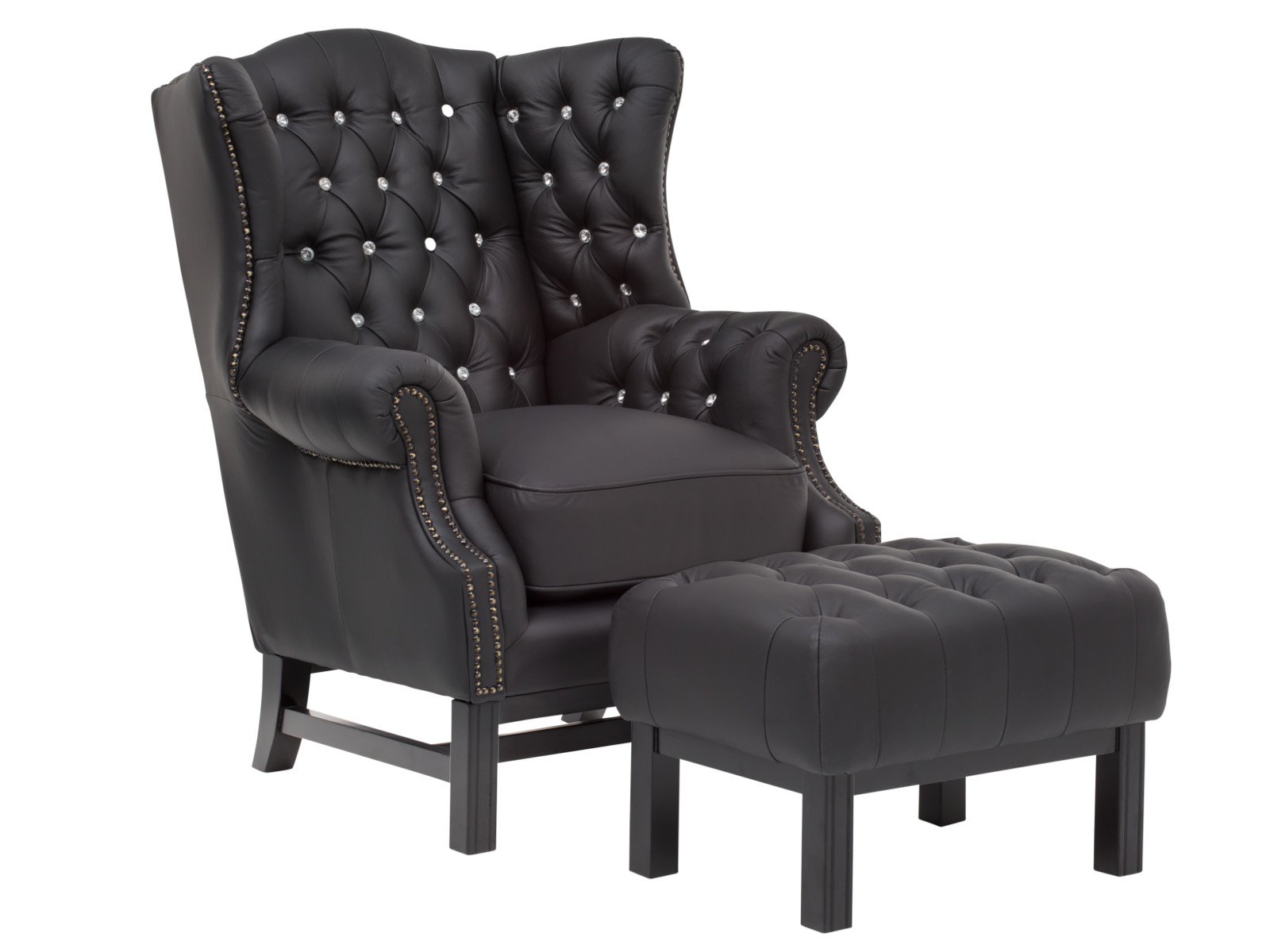 Ohrensessel Chesterfield Kingsfield schwarz Echtleder 89x104x79 Schrägansicht