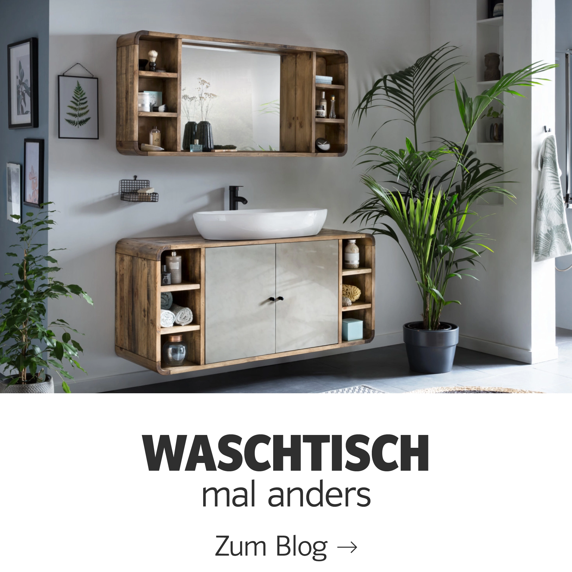 Moderner Waschtisch 'mal anders' in warmer Holzoptik mit Aufsatzwaschbecken vor schlichtem Badezimmerhintergrund