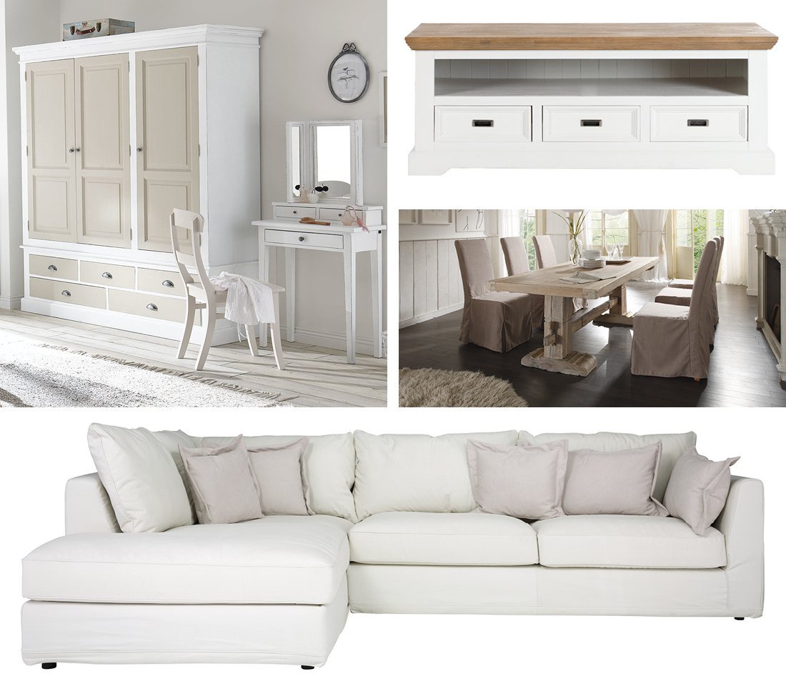 Landhaus-Collage: gemütliche Wohn- und Essbereiche mit rustikalen Holzmöbeln, hellen Naturtönen, Leinen, Pflanzen und warmer Atmosphäre