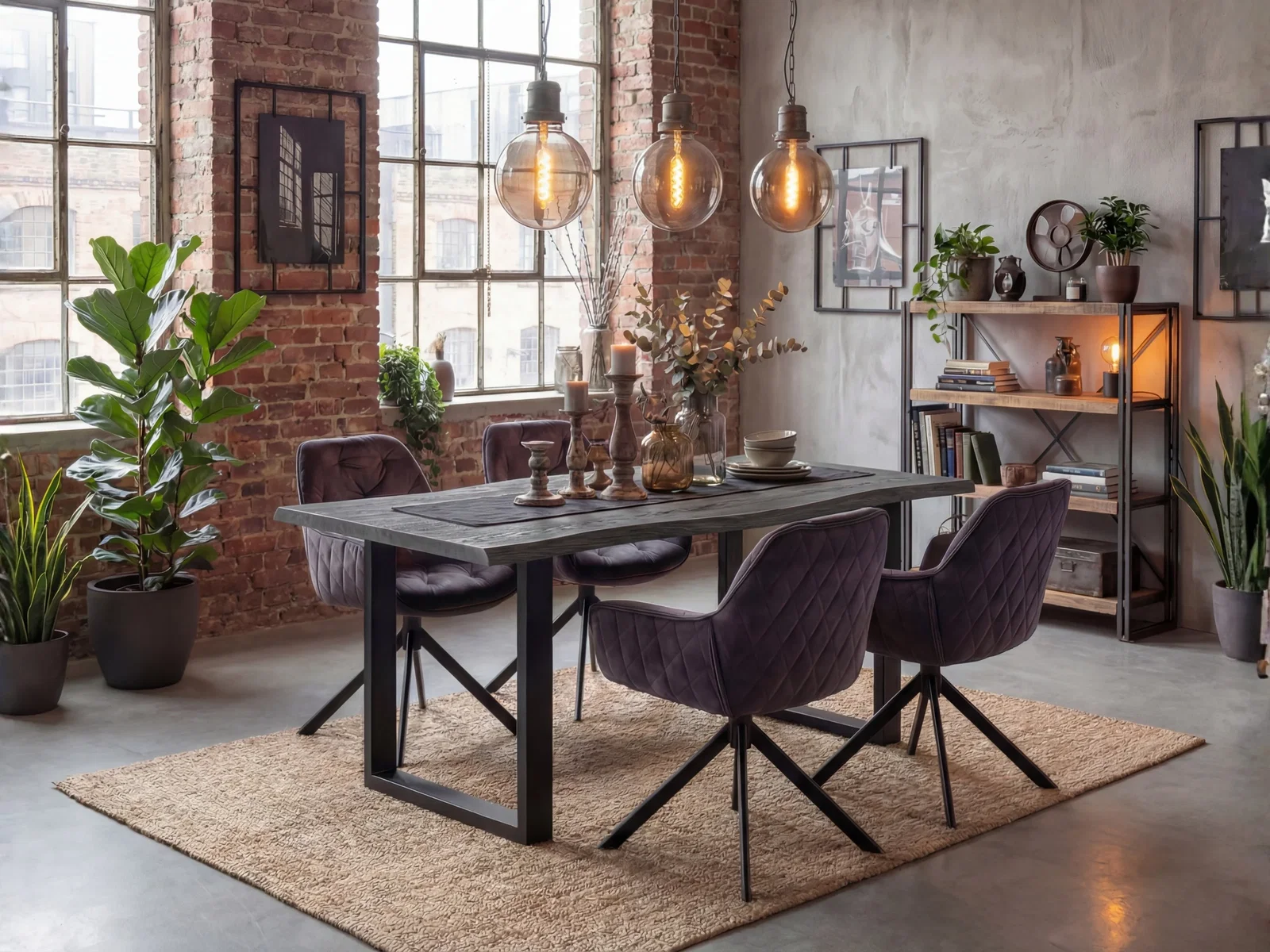 Essbereich im Industrial-Stil mit Esstisch, bequemen Stühlen, Backsteinwand und warmen Pendelleuchten