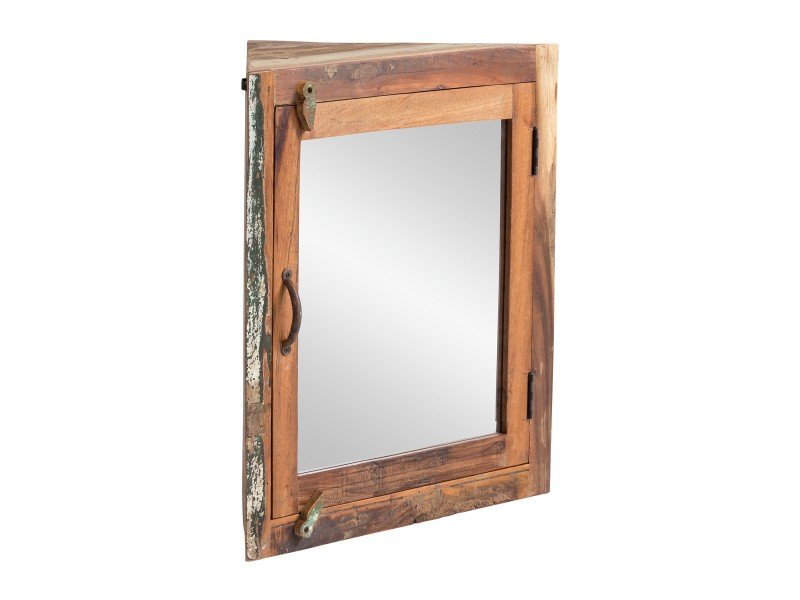 Eckspiegelschrank Sumana aus massivem Holz im Mini-Bad: platzsparendes Design mit Spiegeltür, warme helle Holzoptik