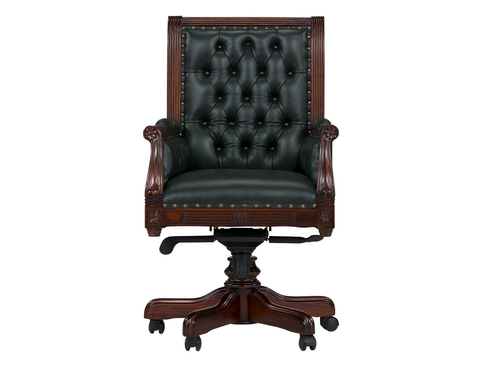 Freisteller-Frontansicht: Bürosessel Cambridge aus grünem Echtleder und Mahagoniholz, tuftierte Rückenlehne höhenverstellbar