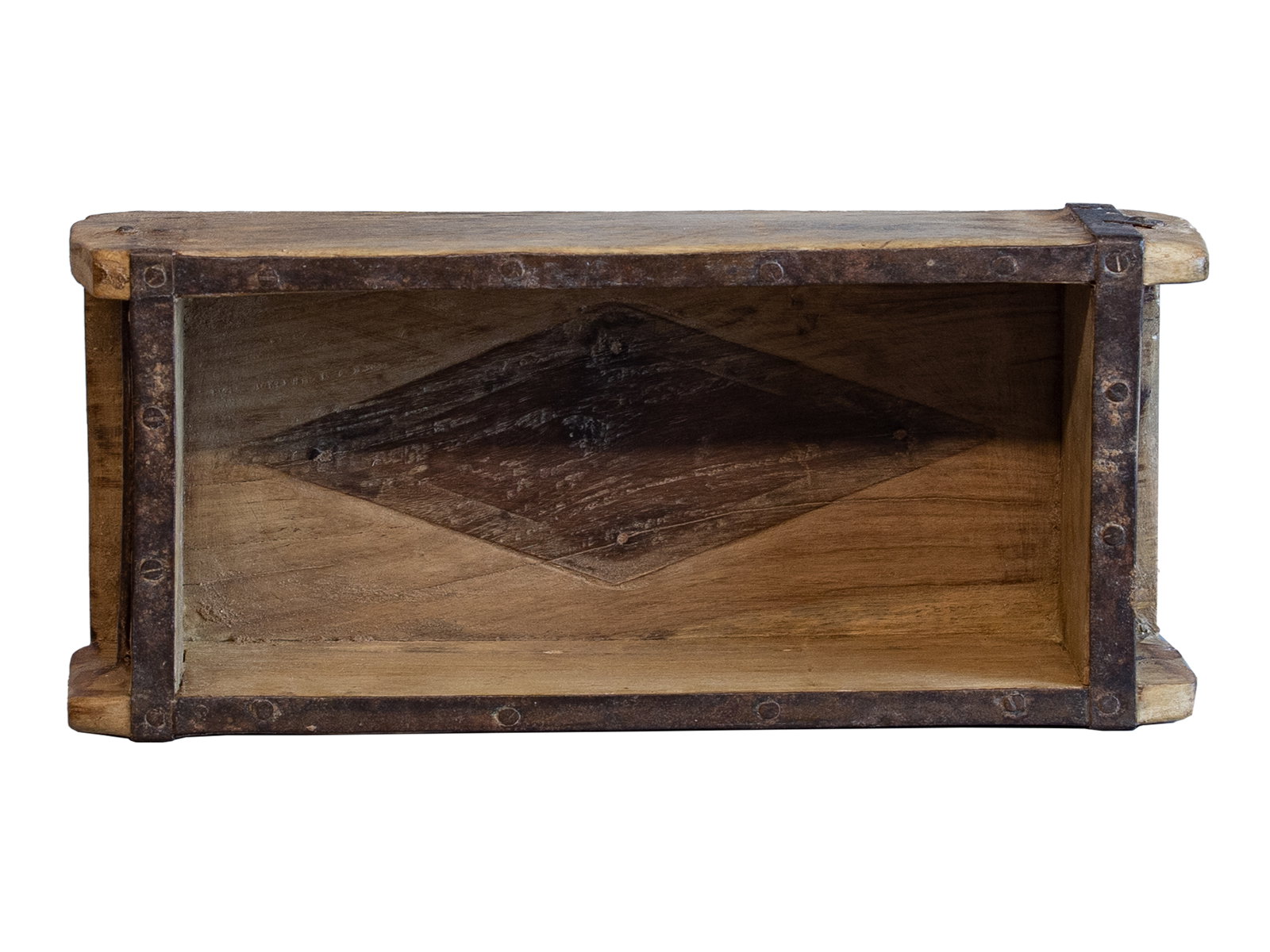 Freigestellte Frontansicht der offenen Dekokiste Ziegelform aus recyceltem Hartholz (30×10×14 cm), natur lackiert.