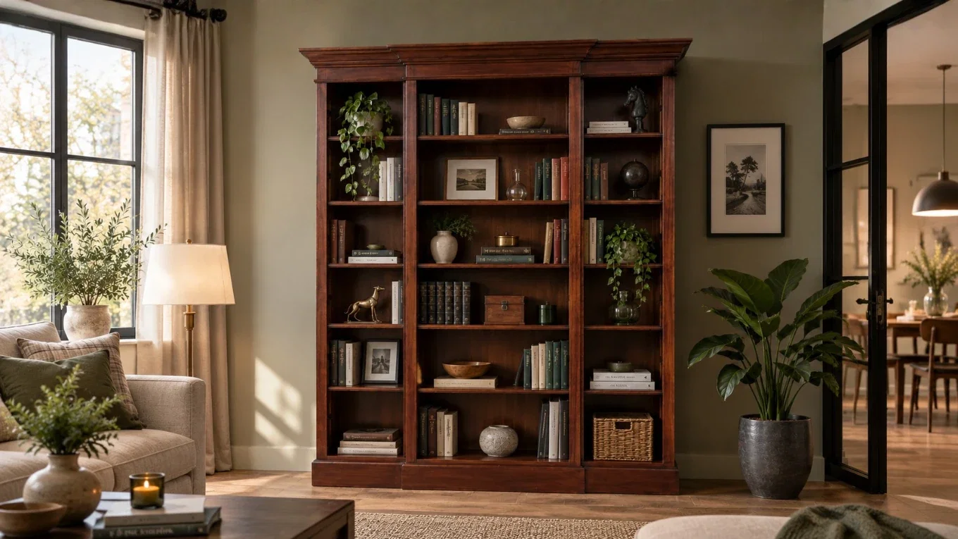 Braunes Bücherregal Cambridge mit Büchern, Pflanzen und Dekoration in einem klassisch eingerichteten Wohnzimmer