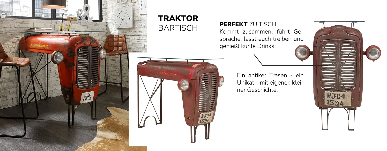 Bunte Traktor-Collage mit mehreren alten Traktoren im Retro-Stil auf hellem Hintergrund, fröhliche Farben und grafisches Muster