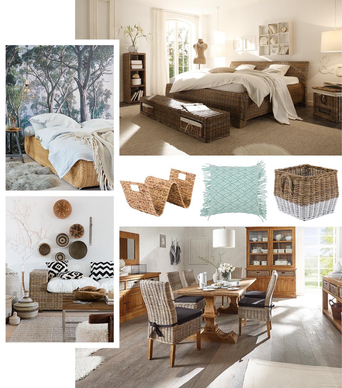 Korbmöbel mit Holzrahmen in hellem Wohnzimmer-Ambiente, naturfarbene Kissen, Pflanzen und warmes Boho-Styling