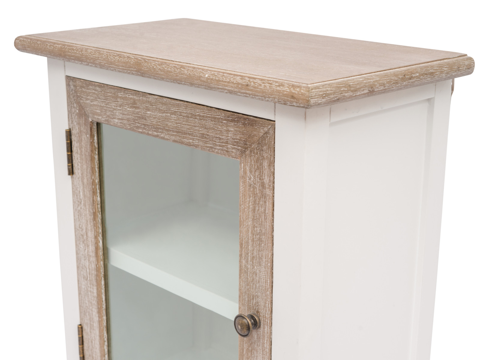 Bad Hängeschrank Kansas, Freisteller 45°-Ansicht: weißer Paulownia/MDF-Hängeschrank mit naturfarbenem Holzdeckel und Glastür