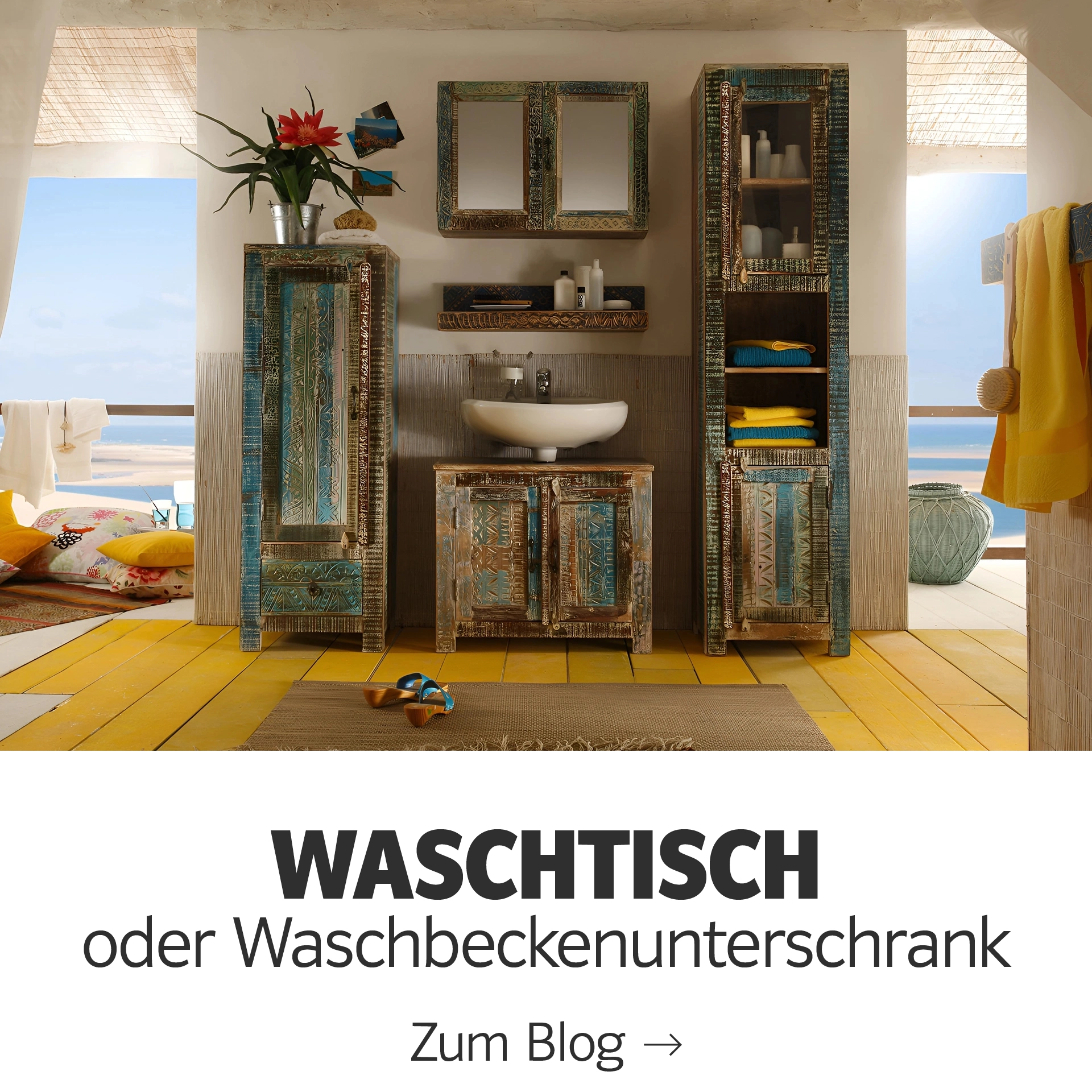 Moderner Waschtisch in Holzoptik mit weißem Aufsatzbecken, minimalistischer Bad-Look, Frontansicht