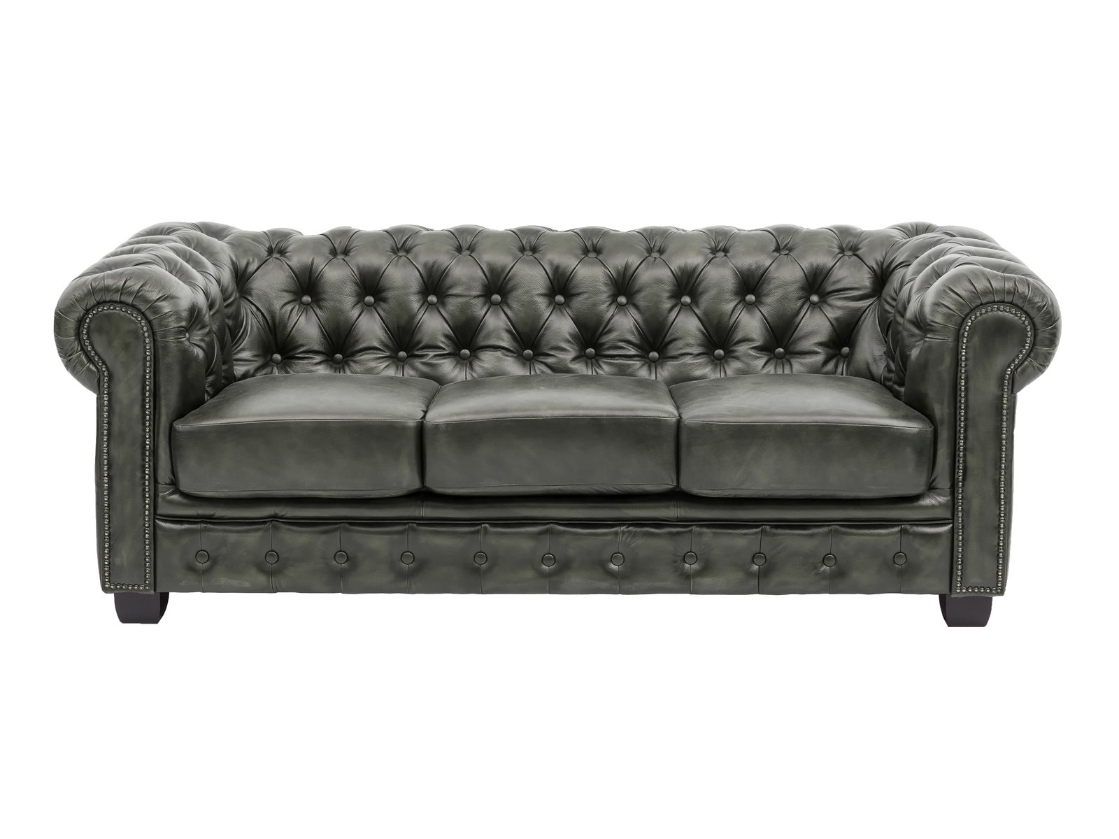 Chesterfield Sofa Garnitur antik grün Echtleder 210x72x90 Frontansicht