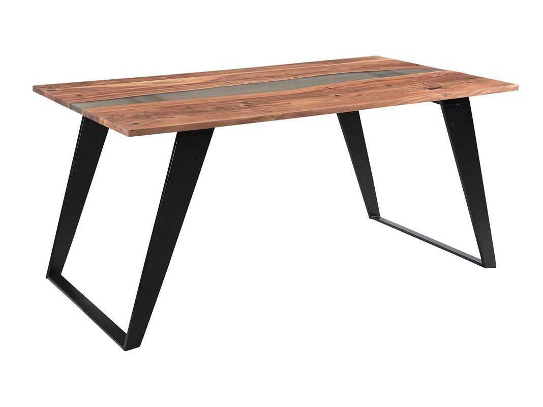 Moderner Esstisch mit Holzplatte und schrägen schwarzen Metall-Kufen, warmes Holzfinish, minimalistisches Industrial-Design