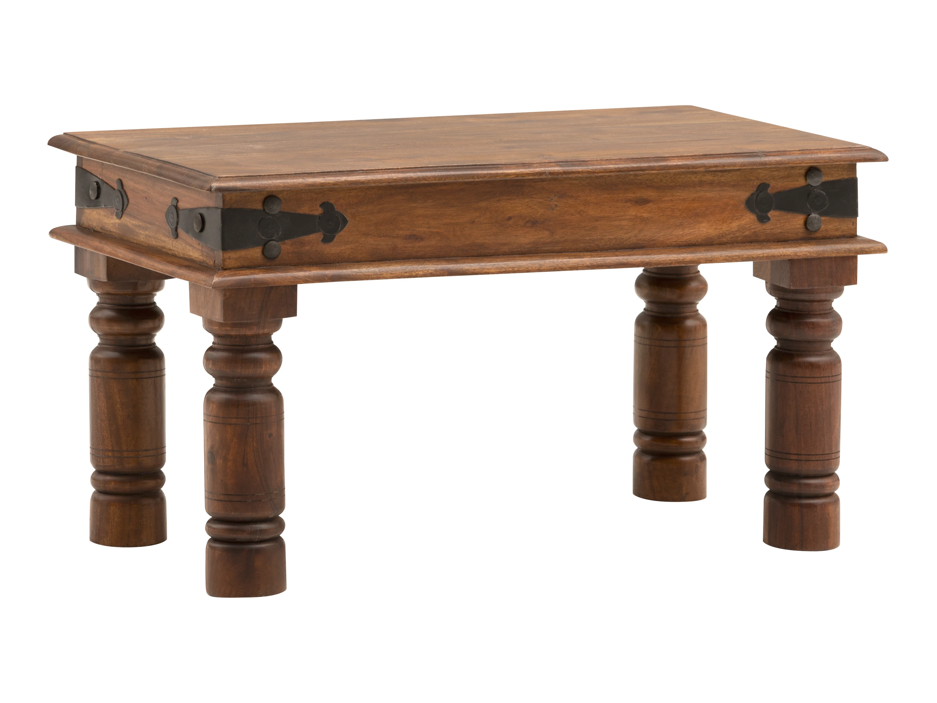 Freisteller 45°-Ansicht: Flurset Merlow Akazie Sitzbank aus lackiertem Akazienholz in Braun mit gedrechselten Beinen.