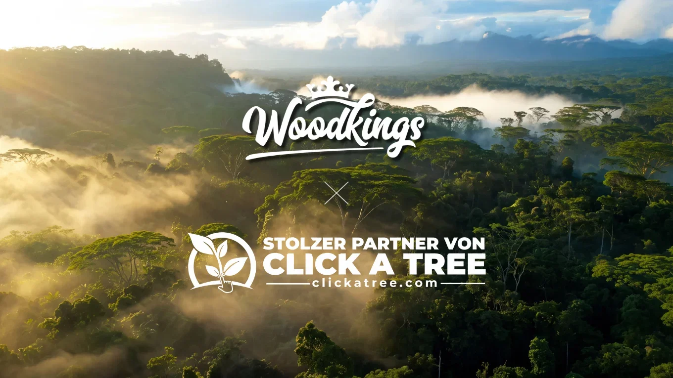 Woodkings- und Click-A-Tree-Logo vor einer weitläufigen grünen Waldlandschaft mit Nebel und Sonnenlicht