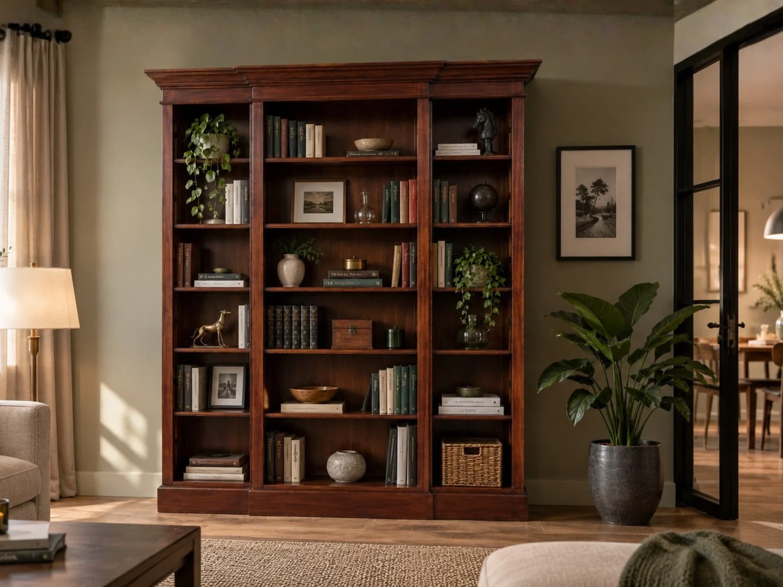 Braunes Bücherregal Cambridge mit Büchern, Pflanzen und Dekoration in einem klassisch eingerichteten Wohnzimmer
