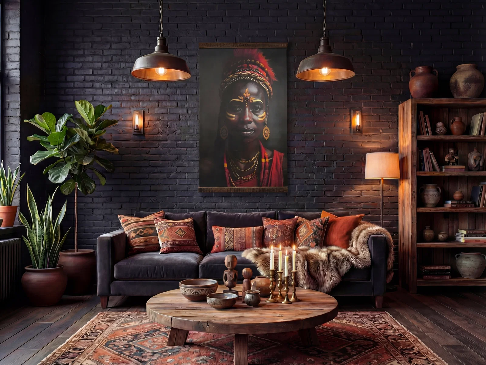Canvas-Wandbild Queen of Colors mit farbigem Porträt über einem dunklen Sofa in einem Wohnzimmer mit Holzmöbeln, Pflanzen und warmen Erdtönen