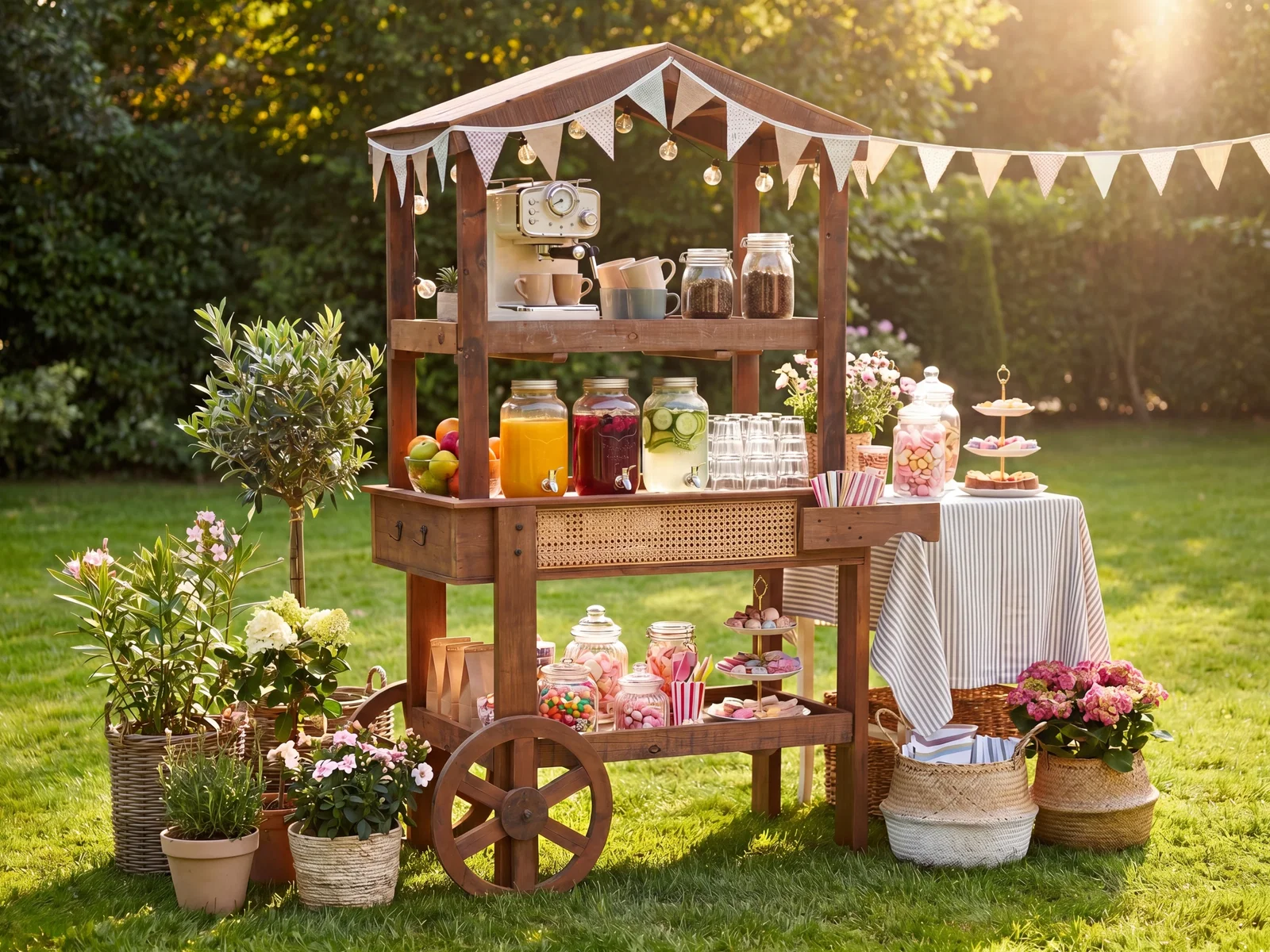 Vintage Marktwagen aus Altholz, braun, lackiert, in 45-Grad-Ansicht als dekorativ bestückter Getränke- und Dessertwagen im Garten als Wohnbeispiel.