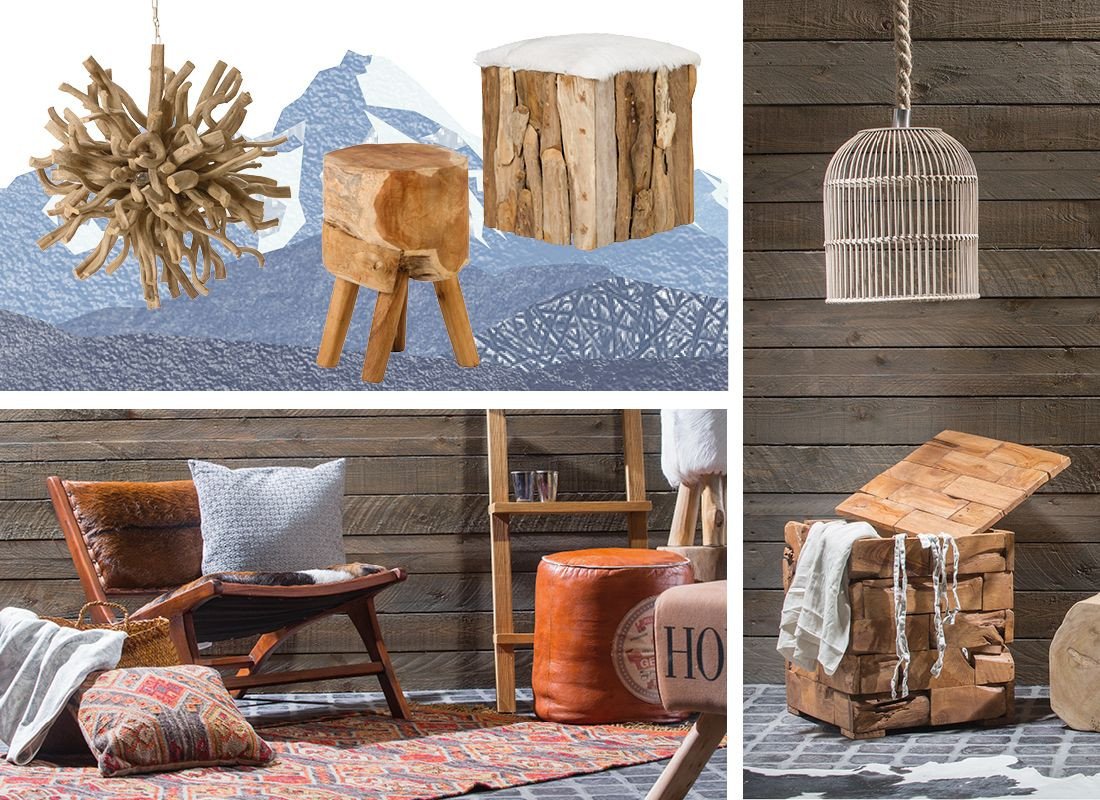 Gemütliches Chalet‑Stil Wohnzimmer mit hellem Holzinterieur, rustikalem Sofa, warmen Textilien und natürlicher Dekoration.