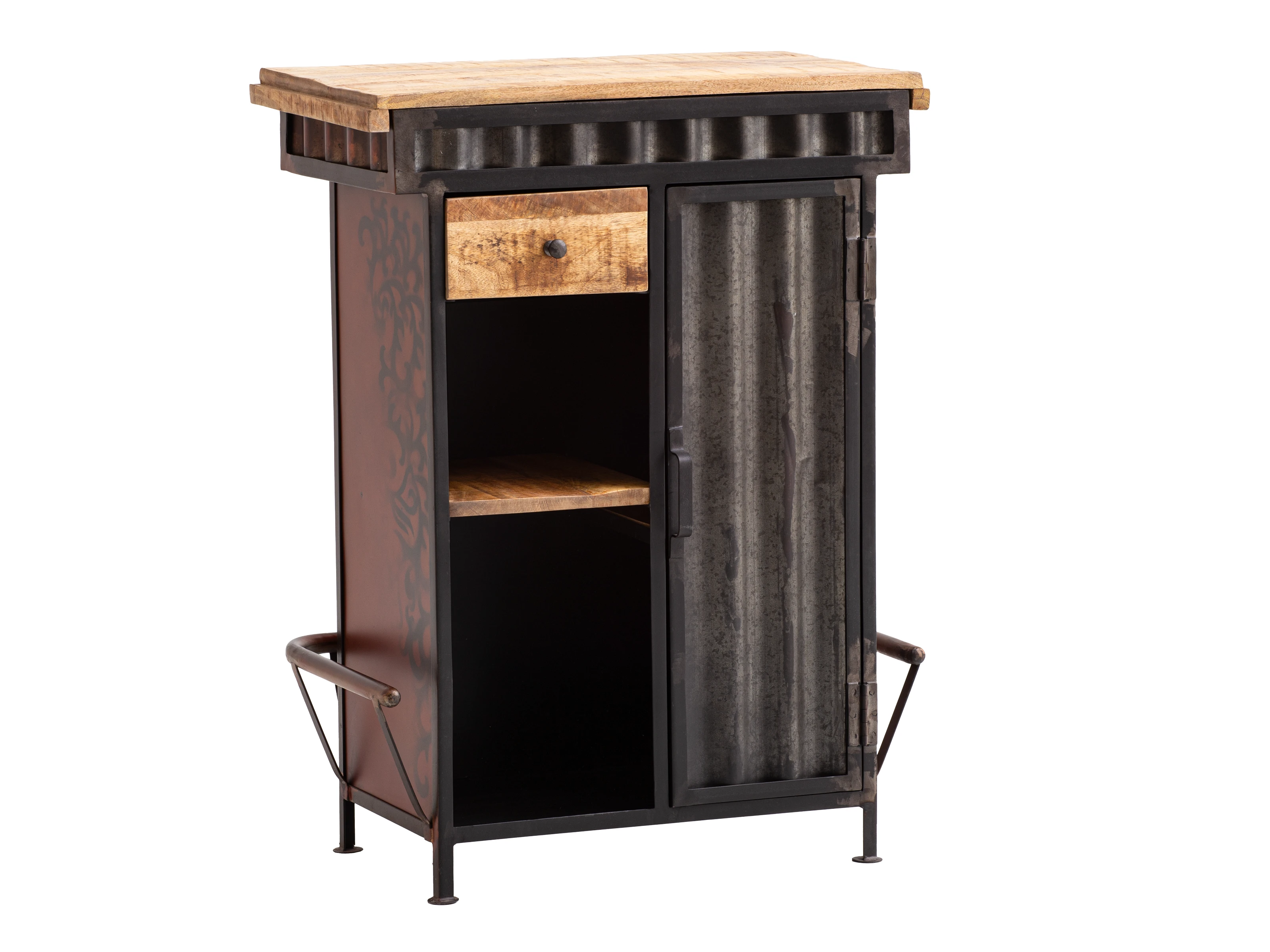 Freisteller (45°-Ansicht) Bartresen Hollowhorn aus Mangoholz und Metall, mit Schublade, offener Ablage & Tür – Barschrank. Freisteller (45°-Ansicht) Bartresen Hollowhorn aus Mangoholz und Metall, mit Schublade, offener Ablage & Tür – Barschrank.