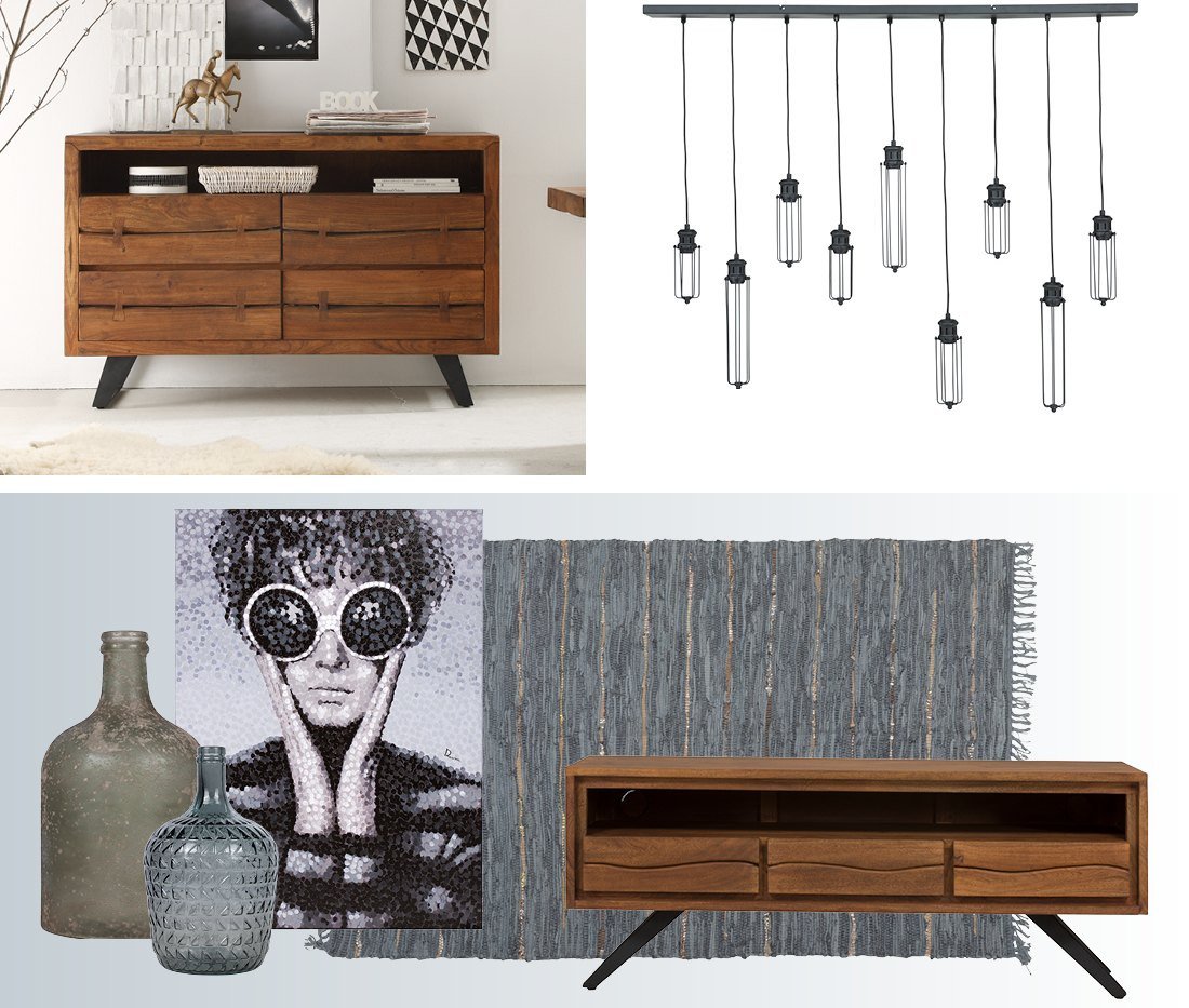 Nordisches Wohnzimmer-Ambiente mit hellem Holz, schlichtem Sofa, Teppich und Pflanzen – minimalistischer, gemütlicher Stil