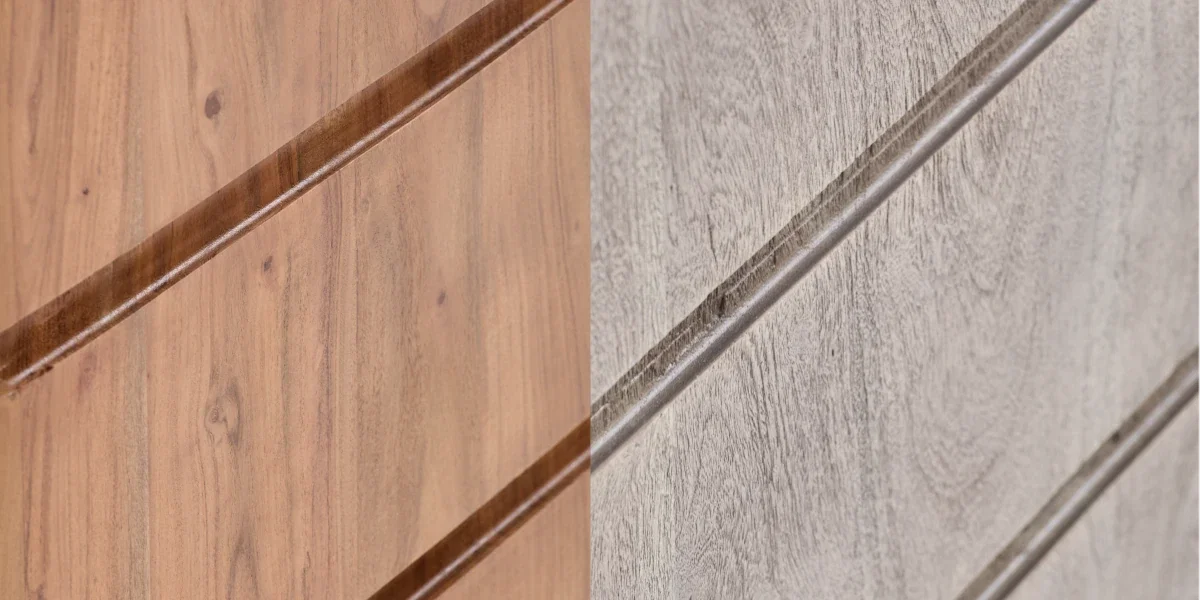 Detailaufnahme der Möbelserie Kala aus massiver Akazie mit den Oberflächen in Natur und Grau sowie den charakteristischen horizontalen Fräsungen