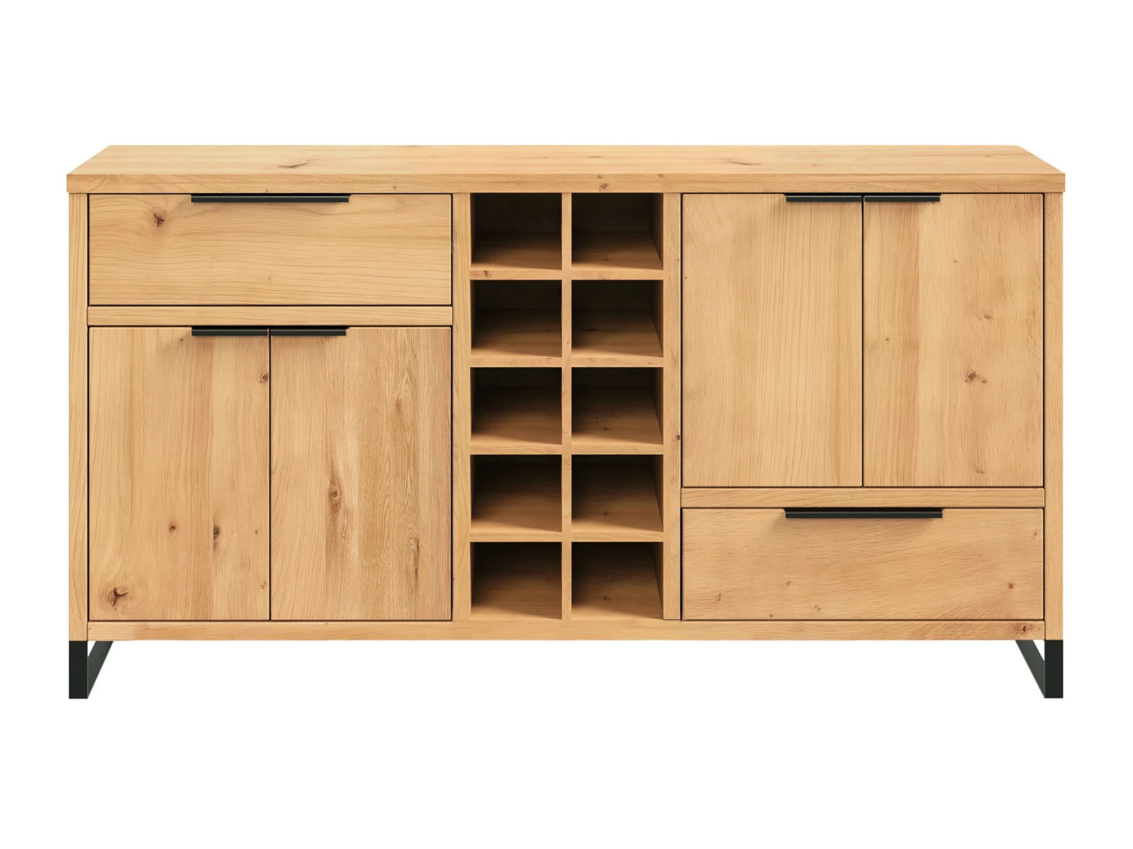 Freisteller-Front: Wohnwand 3tlg. Sydney Wildeiche, geölte Oberfläche braun. Sideboard mit Türen, Schubladen & Flaschenfach.