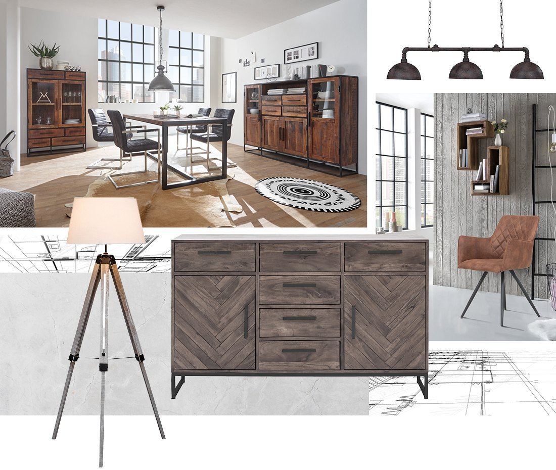 Loft-Wohnzimmer mit industrialen Holzmöbeln, Sofa, Betonwand und großen Fenstern, warme urbane Atmosphäre, Zimmerpflanzen