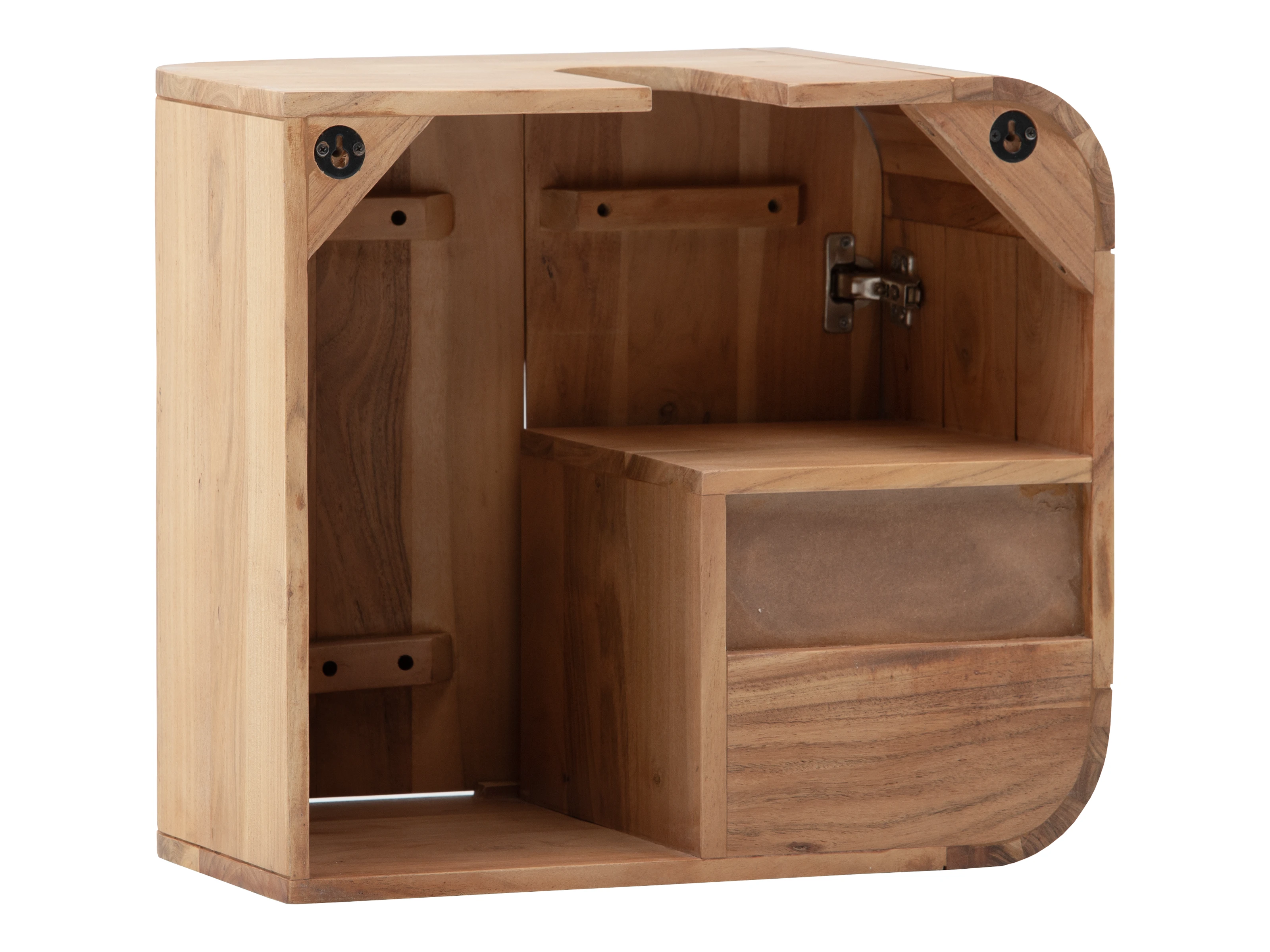 45°-Freisteller: Badmöbel Tenaga aus lackierter Akazie in Eiche-Braun, Front offen, Softclose-Tür, Fach und Schublade